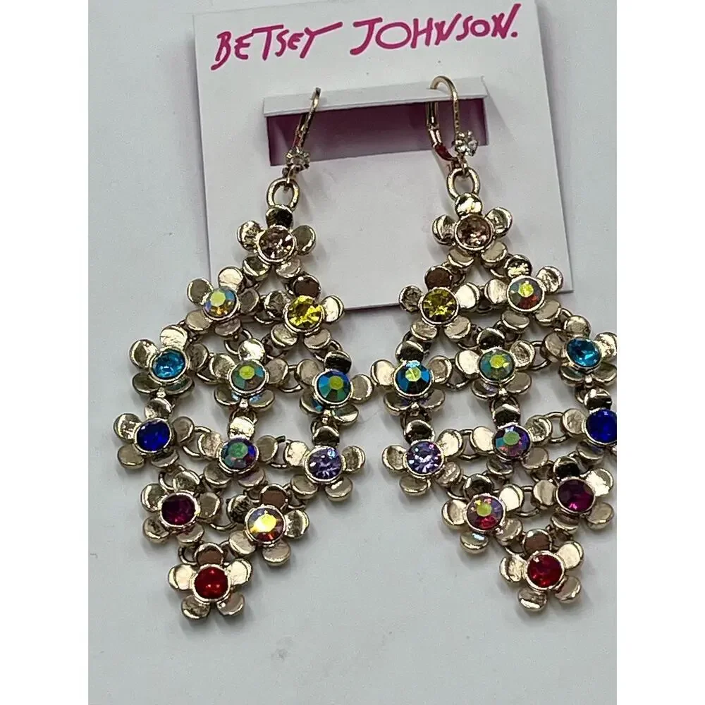 Betsey Johnson Gold Tone Love Fest Flower & Crystal Chandelier Drop Earrings New
